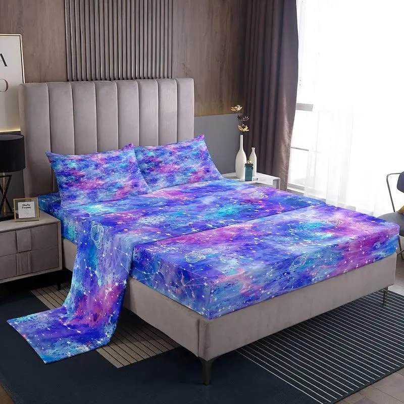 Feelyou Tie-Dye Constellation Soft Comfy Bedding Set - Ombre Gradient Galaxy Blue-Purple Bedding Sheets, Breathable Fabric Kids' Bedroom Decor Textiles