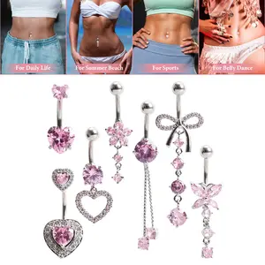 7-Piece 14G Floating Navel Belly Piercing Set, Surgical Steel Hypoallergenic Belly Button Rings with Heart, Butterfly, Flower & CZ Crystal Pendant Dangle, Spicy Accessories for Women Daily Beach Party Fashion Accessories Cubic Zirconia Jewelry waist beads