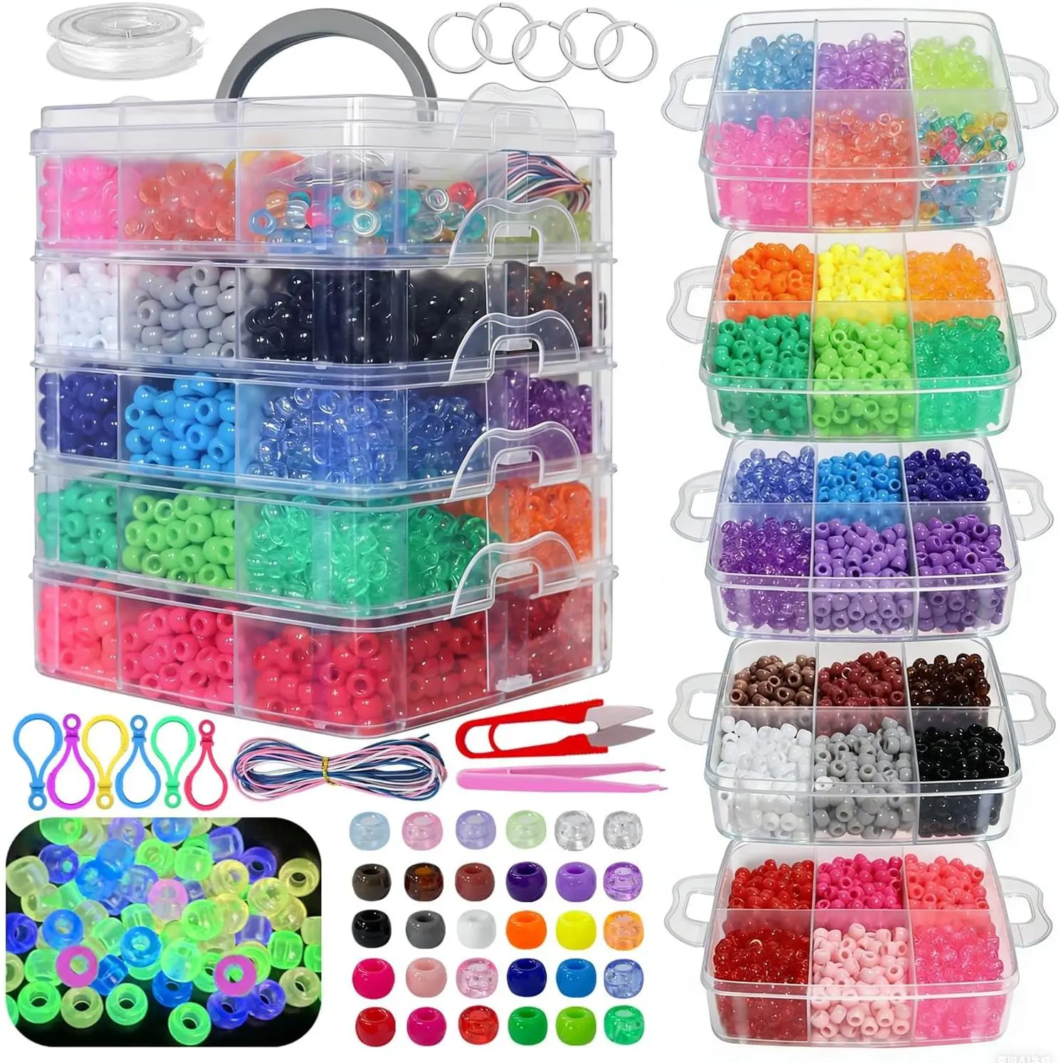 5600-Count Glow-in-the-Dark Plastic Rainbow Colors Pony Kandi Beads Making Kit with Elastic Cords, Beads for Bracelets, Beginner DIY Art Craft Birthday Gift for Pets, Plastic Beads
