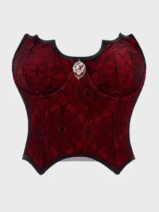 Red Spider Lace Corset Top with Gothic Detailing - Sexy Lace Bustier for Women Perfect for Night Out Party or Costume Wear