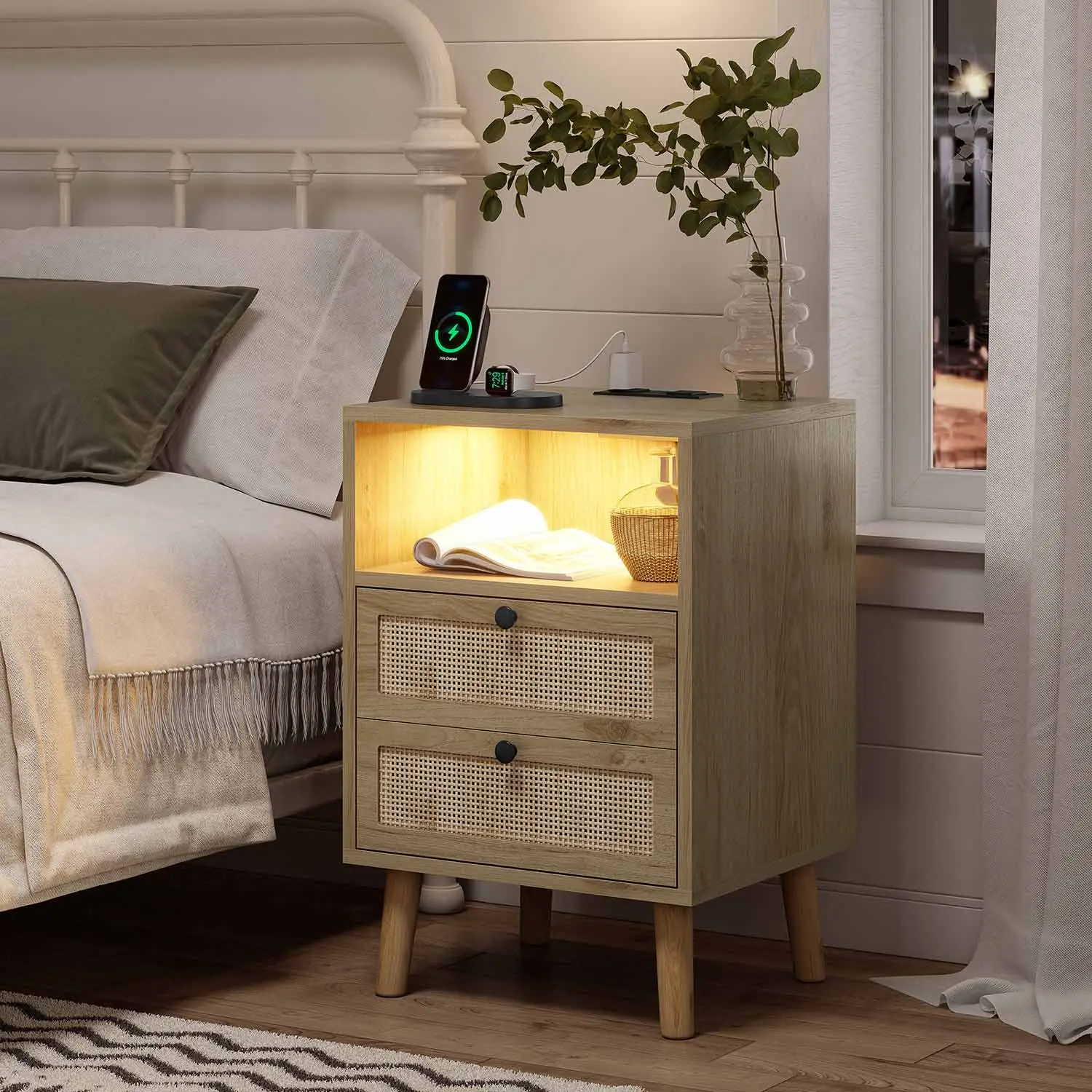 Natural Rattan LED Nightstand with Charging Station