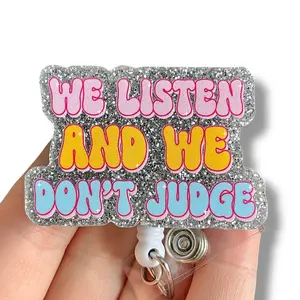 Glitter My Badge We listen and don’t judge badge reel for nurse and hospital workers. Badge clip Badge pull - Retractable swivel clip with a 360 rotation. Great gift for coworker. Funny badge reels
