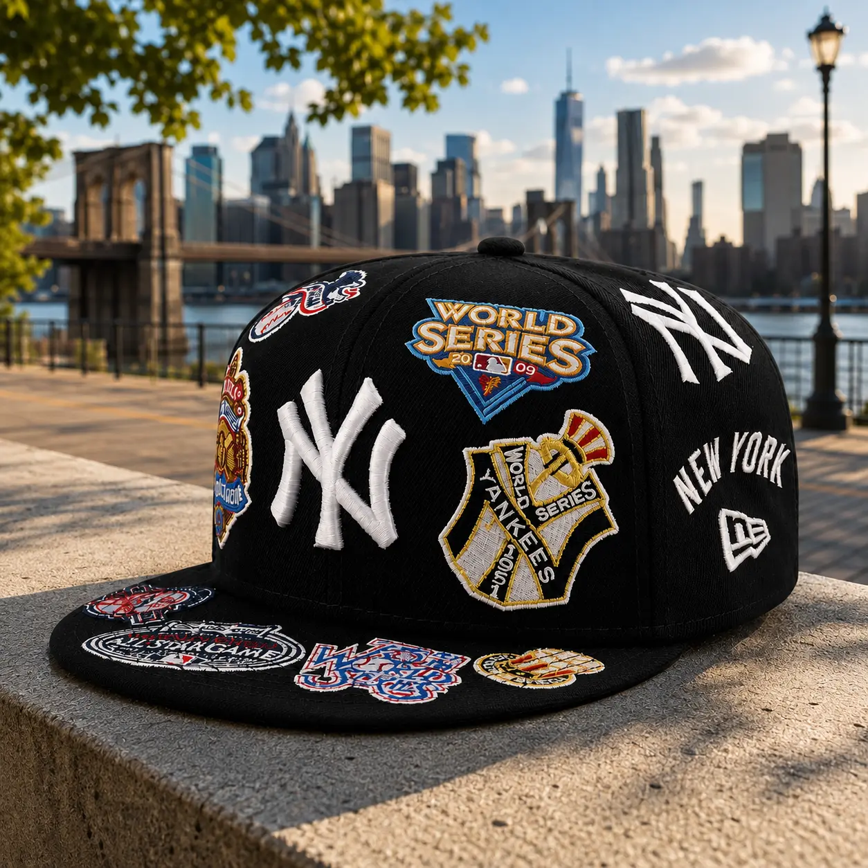 Black All-Over Embroidered Patch Fitted Baseball Cap – Flat Brim Sports Hat