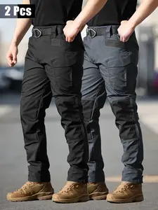 HOMUG 2-Pack Men's Tactical Cargo Pants with elastic waistband and multifunctional pockets. Designed with dedicated knee pads, they are made from brand-new 230 g/m² fabric, ideal for spring and summer wear as well as outdoor activities.