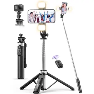 53'' Selfie Stick Tripod with Light, Extendable Selfie Stick with Remote, Portable Cell Phone Tripod Stand with  in 1 Phone Clip, Lightweight Camera Tripod Compatible with  15 14 13, Android