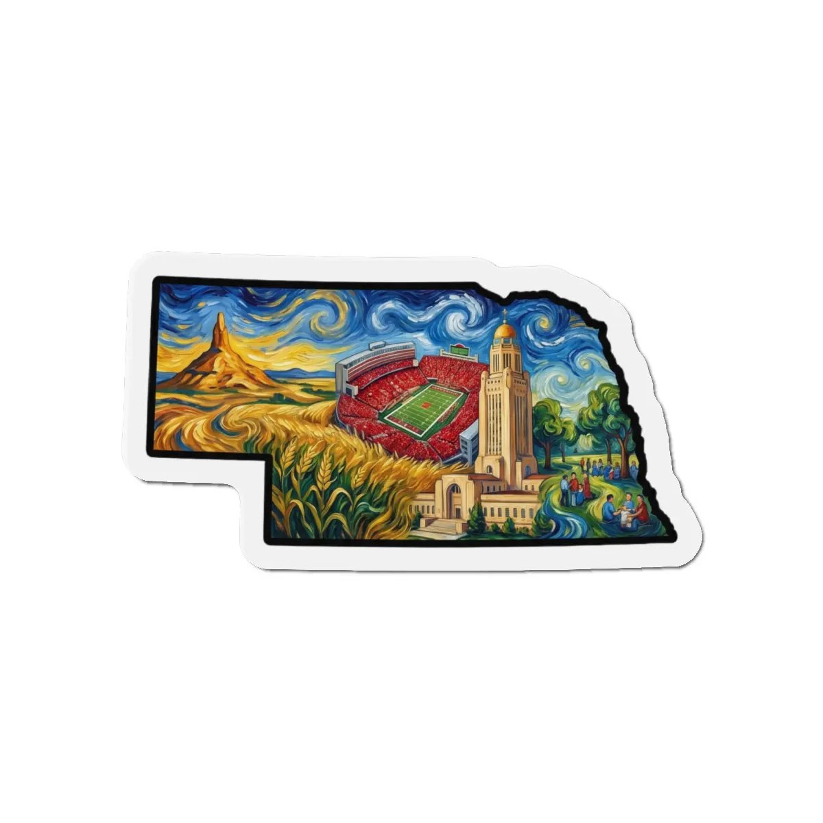 Nebraska Landmarks Magnet — Van Gogh Die-Cut State Magnet | Big Red Game Day Gift