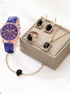 6-piece set of ladies' wristwatch leather straps, Geneva quartz watches with faux three-eye Roman numerals, fashionable ladies' watch set