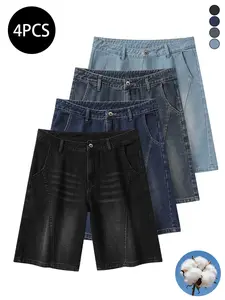 4-Pack Men’s Denim Shorts for Summer — Straight-Leg Loose Fit, 3D Patchwork Design, Knee-Length Denim Shorts, High Cotton Content, Washed Denim Finish, Versatile American Vintage Style for Men