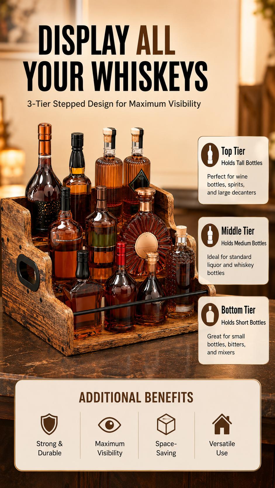 Industrial Multi-Tier Sturdy Wooden Liquor Rack - Freestanding Bottle Storage Organizer with Handle, Desk/Tabletop Home Bar Unit, Game Room/Patio Whiskey Holder, Ideal Birthday Gift