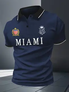 Miami Style Polo Shirt Men Fashion Badge Short Sleeve Casual Top, Geometric Fitted Trendy Streetwear Comfortable Breathable Summer T-Shirt, Menswear