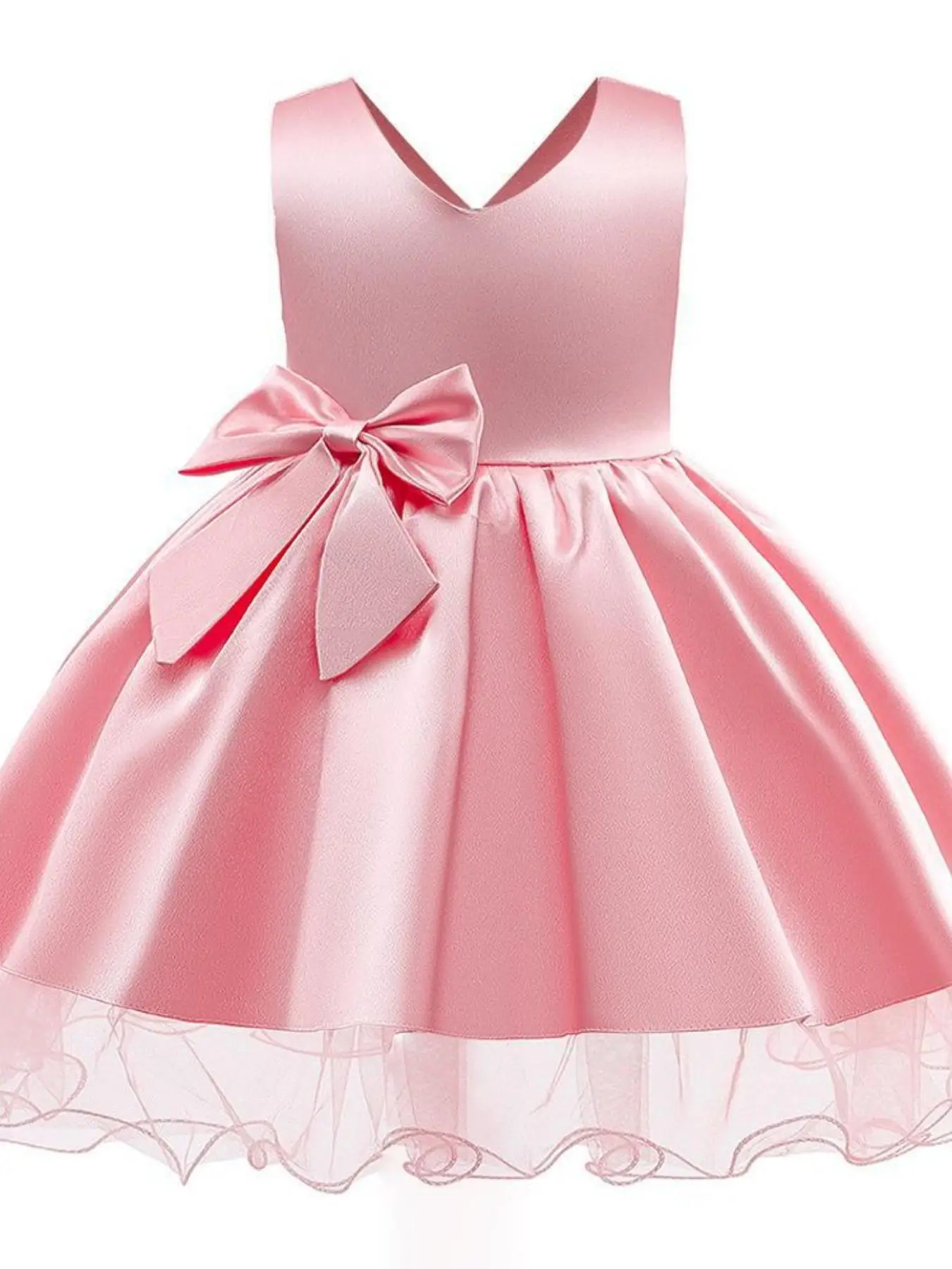 Girl's Bow Decor Contrast Mesh Fit and Flare Dress, Elegant Sleeveless Zipper Back Party Dress for Performance Wedding Guest, Kids Clothes for All Sea