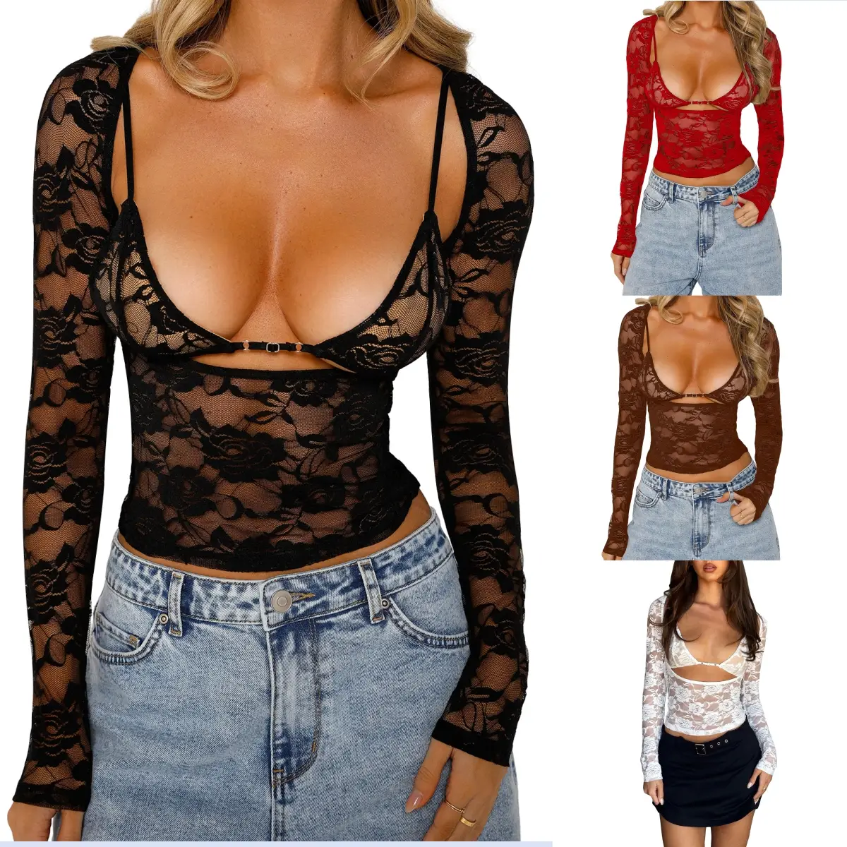 Women Floral Lace Tops Low Cut Sheer Long Sleeve Pullovers Fitted Crop Shirt with Bra Summer Streetwear Clubwear
