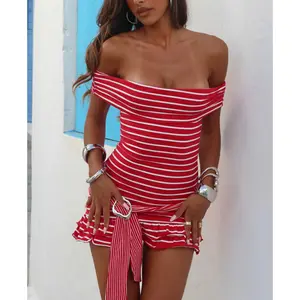 Women's Striped Off Shoulder Dresses Summer Fashionable Sleeveless Bodycon Ruffle Hem Mini Dress