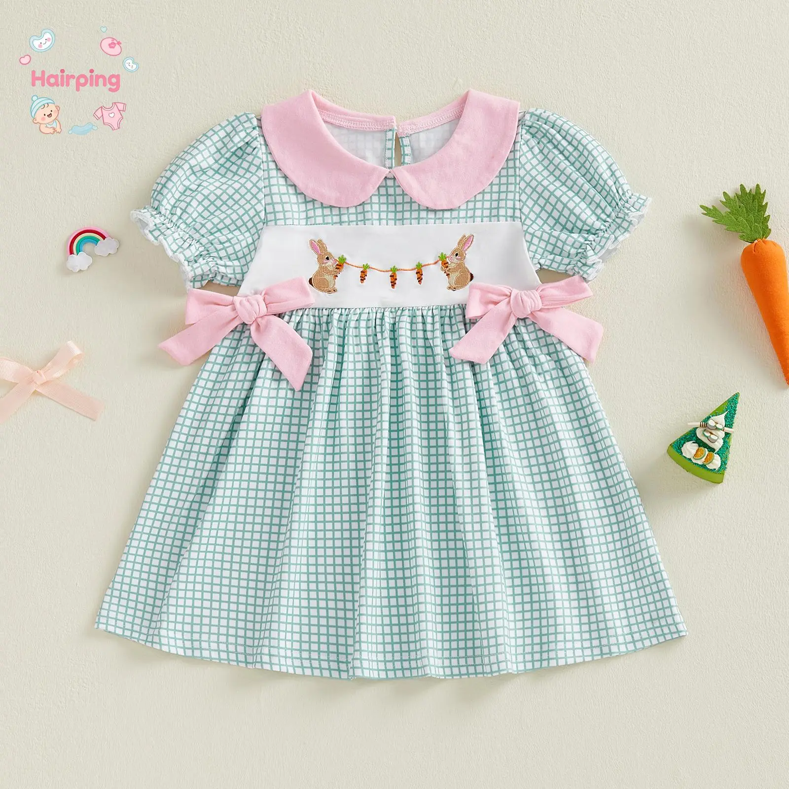 Baby Girl Easter Short Dress - Mint Green Gingham Baby Clothing with Embroidered Bunnies, Carrot Embroidery, Pink Collar, Bows, Short Puff Sleeves & Polyester Blend Toddler Spring Holiday Outfit, Gingham Pattern