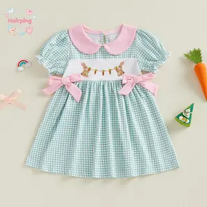 Baby Girl Easter Dress, Mint Green Gingham Short Puff Sleeve Dress with Bunny & Carrot Embroidery + Pink Collar & Bows Cute Toddler Spring Holiday Outfit