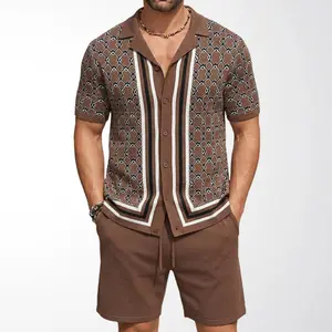 Men's European and American style jacquard knit shirt with short sleeves and Cuban collar, paired with knitted shorts set