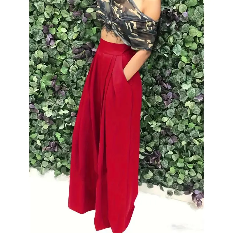 NewElegantHigh-WaistSolidRedPolyesterCulotteswithPockets,WovenFabric-95%Polyester,5%Spandex-VersatileAll-SeasonWide-LegPantsforWomen-PerfectforCasual&FormalOccasions-IdealGiftforFashionableWomenWomenswearBottom