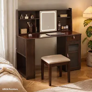 Elegant Arch Makeup Vanity Desk with 3-Mode Adjustable LED Lights Mirror, Large Shelf, Drawer, Cabinet, Solid Wood Walnut Finish - Modern Indoor Vanity with Lights Furniture