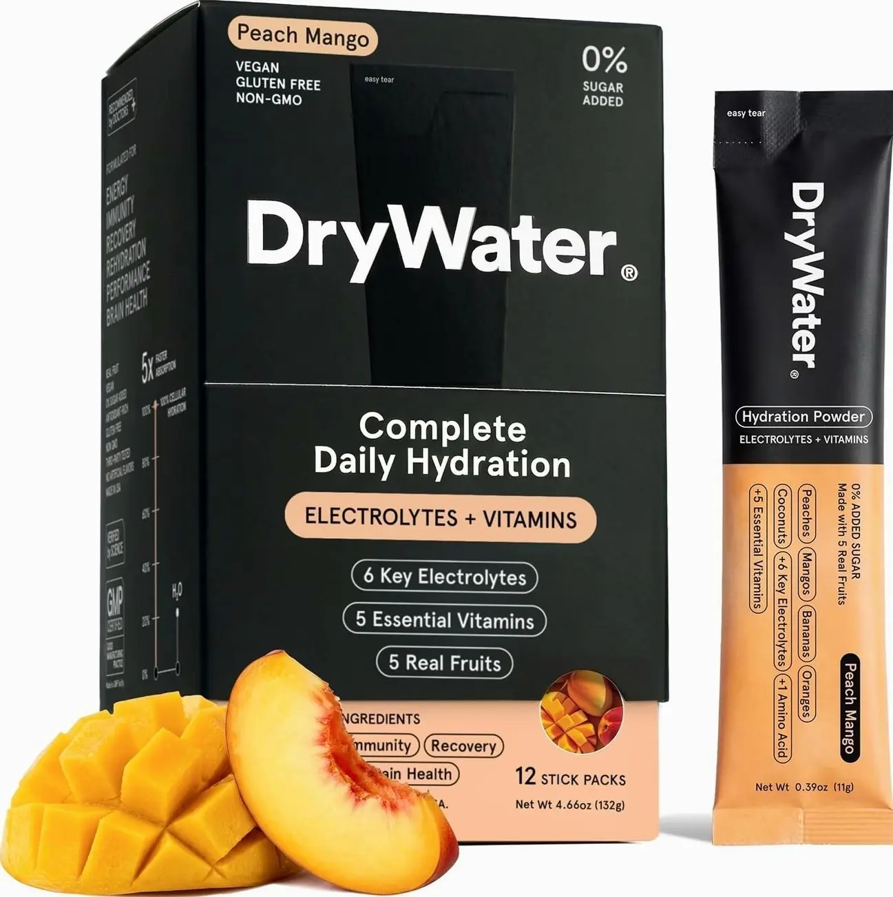 DryWater® Electrolyte + Vitamin Hydration Powder Packets – Peach Mango, 1,000mg Potassium, Real Organic Fruit, NSF Certified for Sport, Nothing Artificial, No Added Sugar (12 Stick Packs)