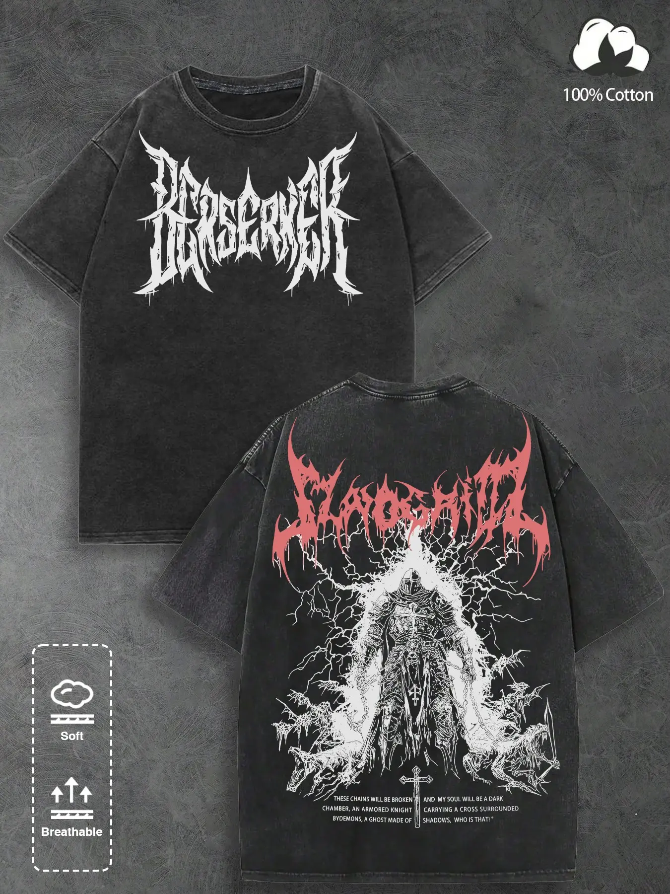 Washed 'berserker' Loose Round Neck T-Shirt, Death Metal Font, Armored Knight Graphic Print, 100% Soft Breathable Cotton, Y2K Grunge Dark Metal Streetwear Style, Menswear, Cotton Tee