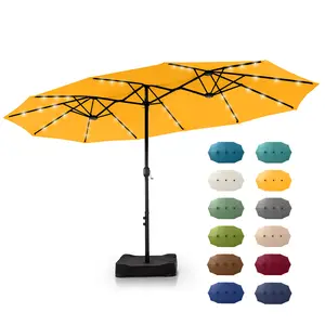 [12 New Colors] PHI VILLA 15ft Patio Umbrella with Base, Double-Sided Outdoor Market Extra Large Umbrella with Crank, Umbrella Base Included, LED Solar Lights
