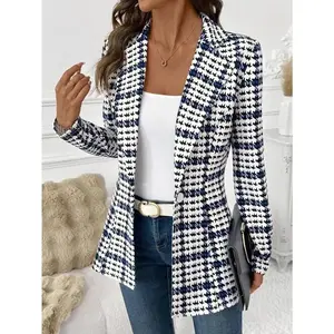 Elegant Plaid Blazer for Women Versatile Daily Long Sleeve Blazer Classic Plaid Commuter Blazer Houndstooth Blazer Office Blazer Business Casual Wear for Women Business Professional Wear for Women Comfortable Autumn Winter Women's