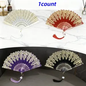 Gold Foil Pattern Folding Fan, Smooth Silk Fan, Classical Chinese Fan with Vintage Fringe, Hand Fan, Retro Clothing Accessory, Dance Prop, Holiday Gift