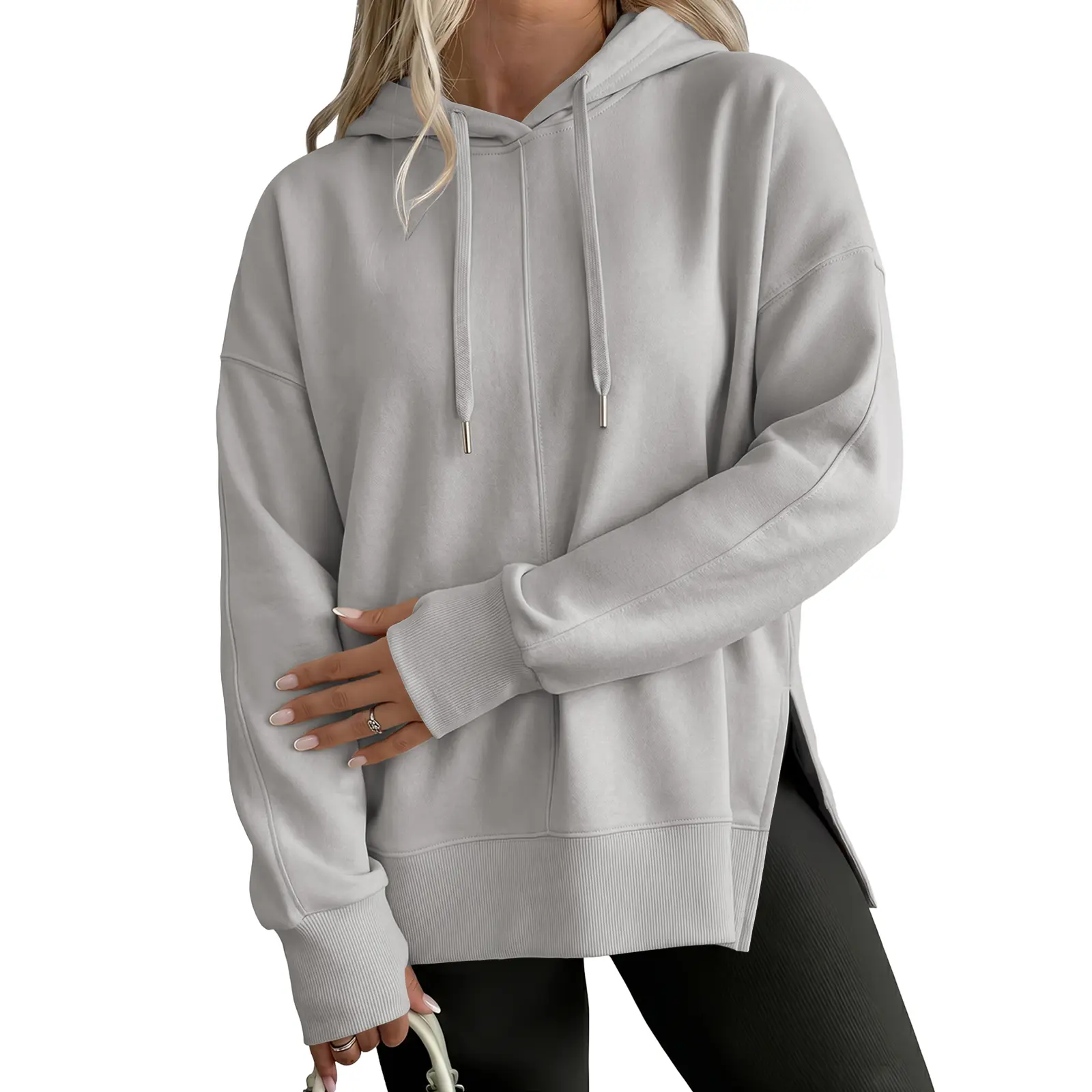 Eytino Womens Plus Size Solid Color Centeral Seam Thumbhole Long Sleeve Drop Shoulder Side Split Drawstring Loose Hoodie (1X-5X)