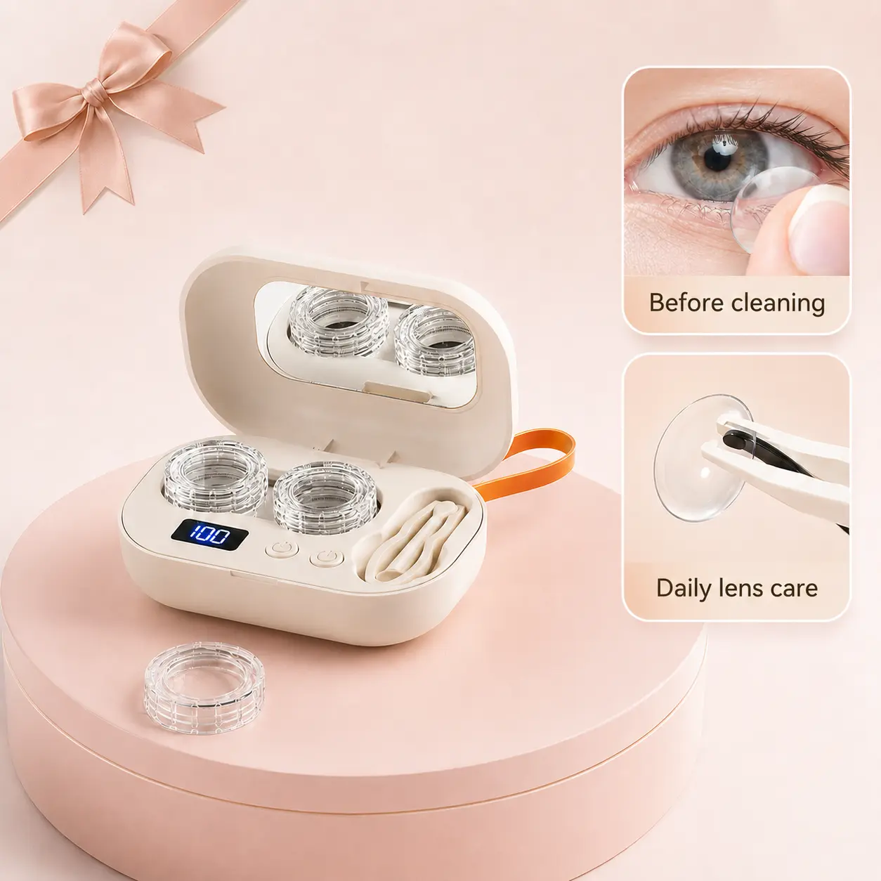Ultrasonic Rechargeable Contact Lens Cleaner with Vanity Mirror – Portable Case for Hard & Soft Lenses, 2 Cleaning Modes, Daily Deep Cleaning for Travel, Sports, Office, and Home Use