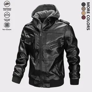 Men's Slim Fit Hooded Leather Jacket, Trendy Streetwear Vintage Style Motorcycle Riding Coat with Multiple Zipper Pockets, men Casual Two-Piece Look, Perfect for Autumn Winter Daily Wear and Outdoor Activities