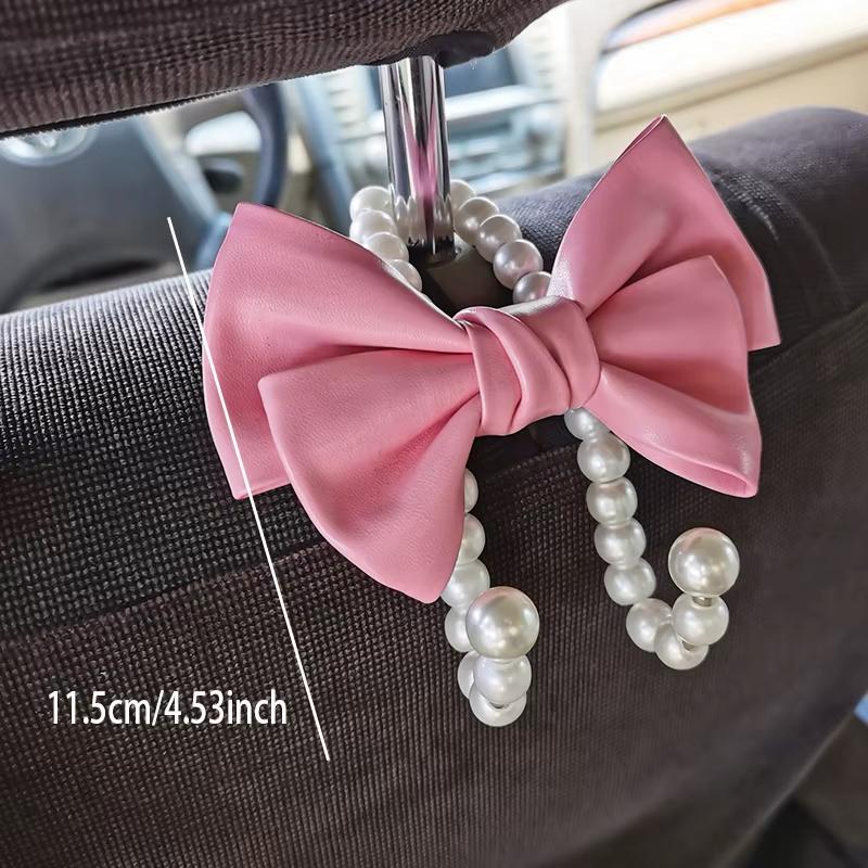 2PCS Car Headrest Hook, Pink Bow Pearl Seat Back Hanger, Universal Auto Organizer for Purse Bag Coat, Car Interior Accessories