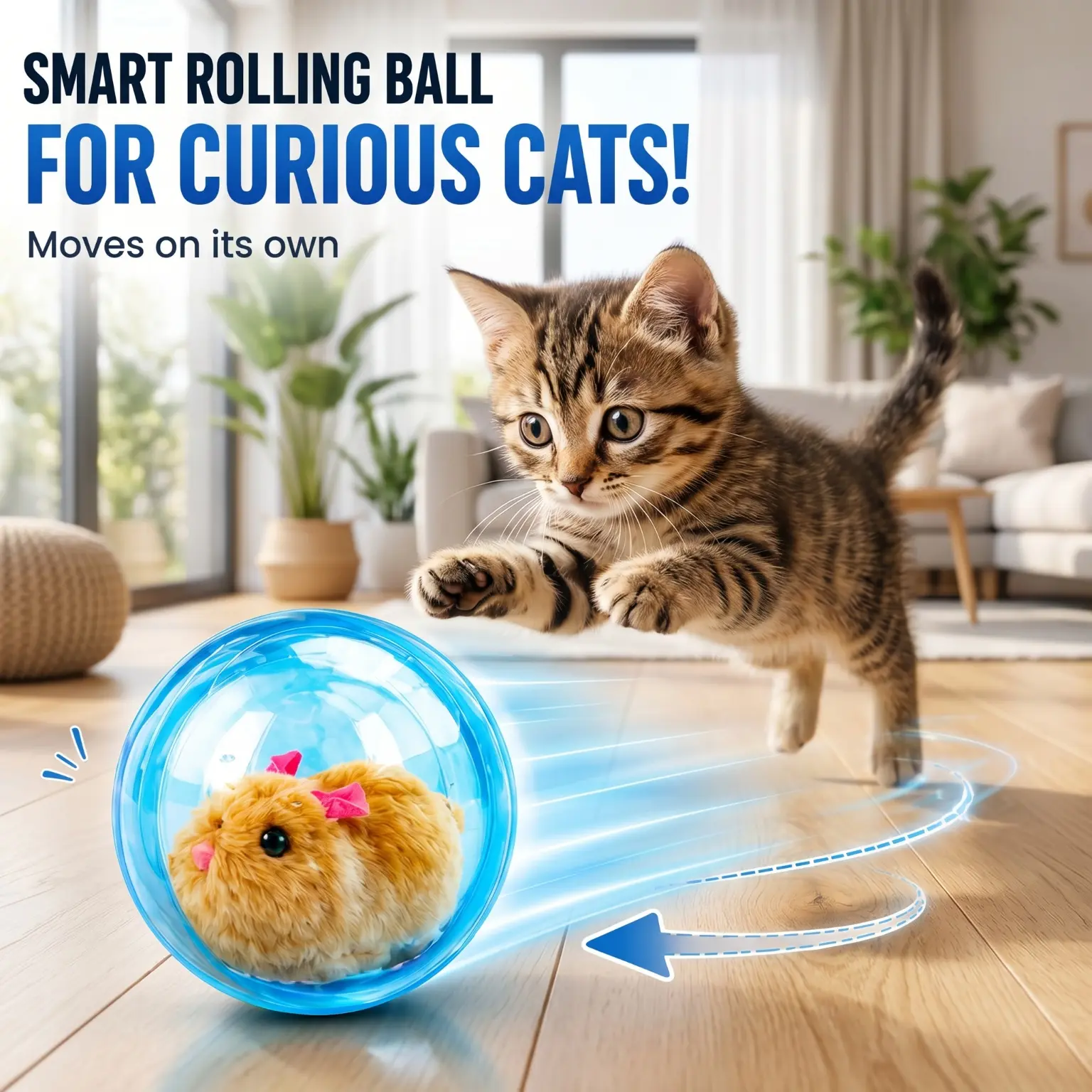 Interactive Smart Self-Rolling Hamster Cat Ball Toy, Intelligent Obstacle Avoidance Automatic Moving Pet Play Ball, Battery Operated Low Noise Design, Engaging Entertaining Exercise Toy Suitable for All Indoor Kittens and Cats