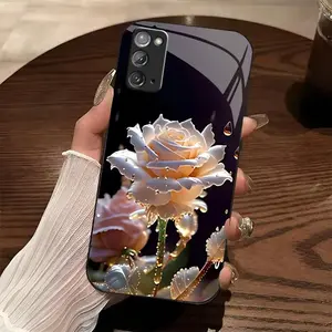 Luxury Rose Glass Smartphone Case, Shockproof Floral Cellphone Casing with Camera Protector, Mobile Phone Accessories Compatible with Galaxy Note20