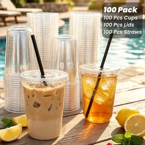 100 Pack 16oz Heavy‑Duty Disposable Boba Tea Cups with Lids & Straws, Food‑Grade Thick Clear PET Plastic Iced Coffee Cups, Bulk Takeaway Drinking Cups for Café, Restaurant, Commercial Use