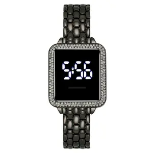 Women's Square LED-Lit Gemstone Jeweled Digital Watch - Rhinestone Metal Band, Gemstone Digital Watches, Jeweled Digital Watches