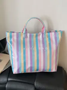 Women's simple and stylish multi-color striped letter tote bag, daily large-capacity casual easy-to-match PVC checkerboard handbag, suitable for various occasions such as commuting, traveling, dating, shopping, etc.