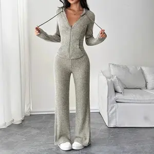 Women's Solid Color Slim-Fit Pantsuit 2025 Elegant Two-Piece Long Pants Suit with Hooded Design Elastic Waistband for Casual Office Daily Wear Floral Crop Top Maxi Skirt Set