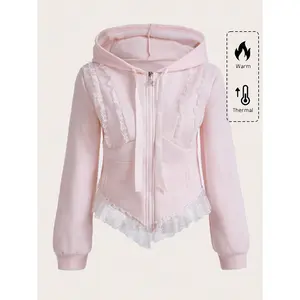 Women's Lace Trim Zip-Up Asymmetrical Kawaii Hoodie Sweatshirt with Pockets