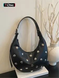KuSa Feng Rivet Decorative Commuter Single Shoulder Crescent Bag | Adjustable Shoulder Strap+Full Width Rivet, Can Hold Mobile Phone, Lipstick, and Small Items, Versatile and Versatile, Suitable for Daily Commuting and Dating as a Practical Small Bag