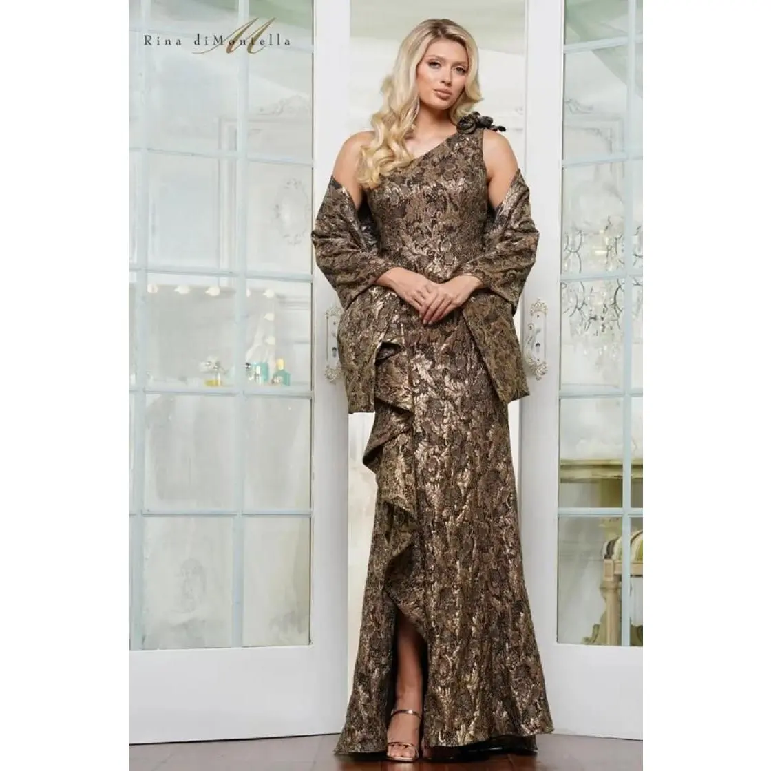 Rina Di Montella -RD3231 Brocade mocked bodice One shoulder Prom Gown