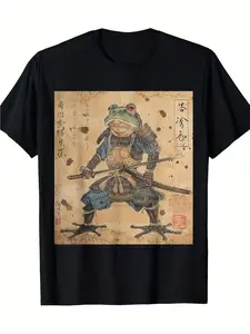 Men's Japanese Samurai Frog T-Shirt - Ukiyo-e Woodblock Print Black 100% Cotton Samurai Frog Warrior & Kanji Seal Design Unisex Casual Crew Neck Short Sleeve Tee Japanese Anime-Inspired Apparel Machine Washable Soft Breathable Shirt