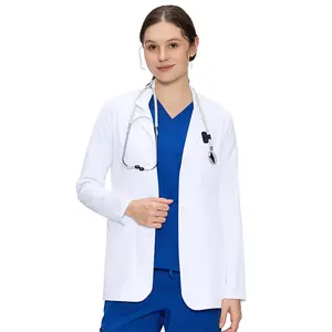 White Lab Coat for Women with 4 Pockets – Button Front Long Sleeve Consultation Coat, Soft Stretch Fabric