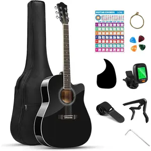 41" Acoustic Guitar for Beginners Adult Teen Full Size Guitarra Acustica with Chord Poster, Gig Bag, Tuner,Steel Strings, Capo, Strap - Black