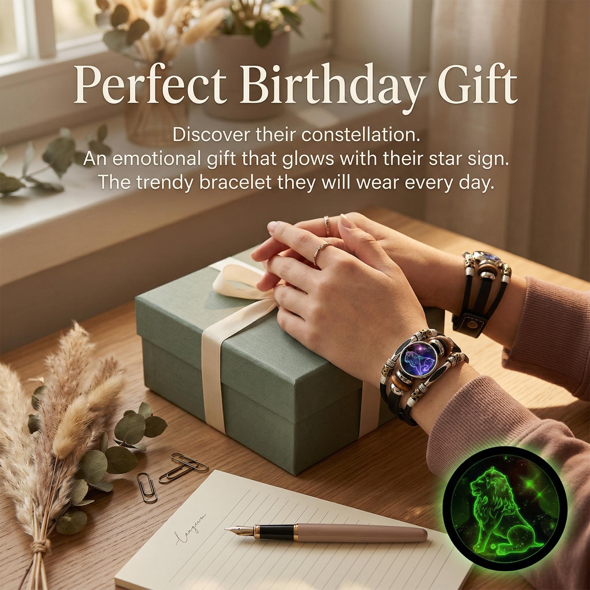 Glow-in-the-Dark Leather 12 Zodiac Sign Bracelet for Women(6.9 in/8.1 in) Astrology Jewelry Vintage Braided Design Ideal for Astrology Enthusiasts