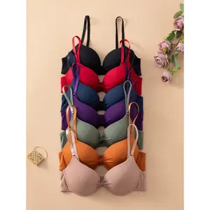 7pcs Women Simple Casual Comfortable Gathered Wire Bras, Solid Color Sexy Lingerie