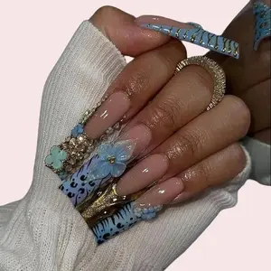 AURA NAILS \ 3D Baby Blue Press On Nails  Rhinestone & Flower Nail Art  Trendy Y2K Press Ons  Handmade Glam Press Ons  Luxury Y2K Nails  DB325H3