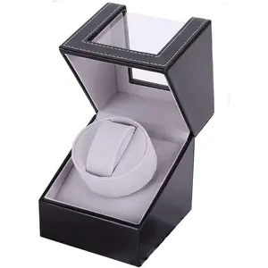 Single Watch Winder for Automatic Watches, Super Quiet, in Wood Shell and Black Leather/Carbon Fiber Leather, Japanese Motor