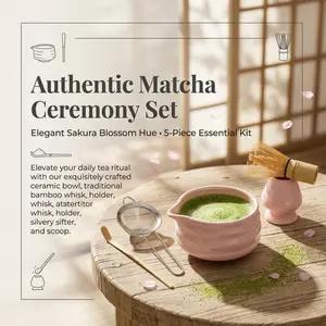 This 5-piece Japanese matcha beginner's kit includes a bamboo whisk, tea spoon, tea strainer, ceramic tea bowl, and whisk stand, making it a complete set of tools for making Japanese tea ceremony.