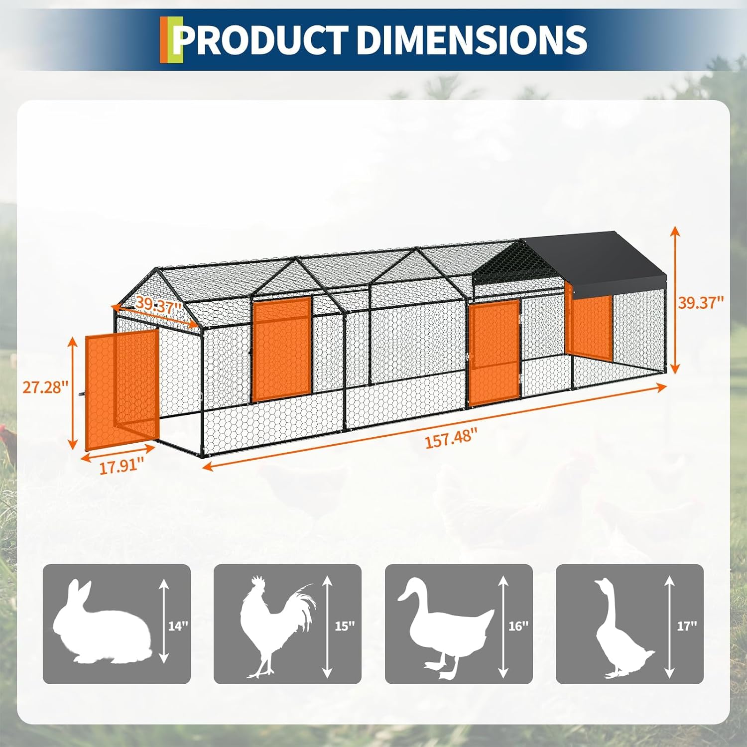 Large Metal Chicken Coop, Walk-in Chicken Run with Waterproof and Anti-UV Cover, Outdoor Poultry Cage with 3 Doors for Hen Rabbit Duck Goose