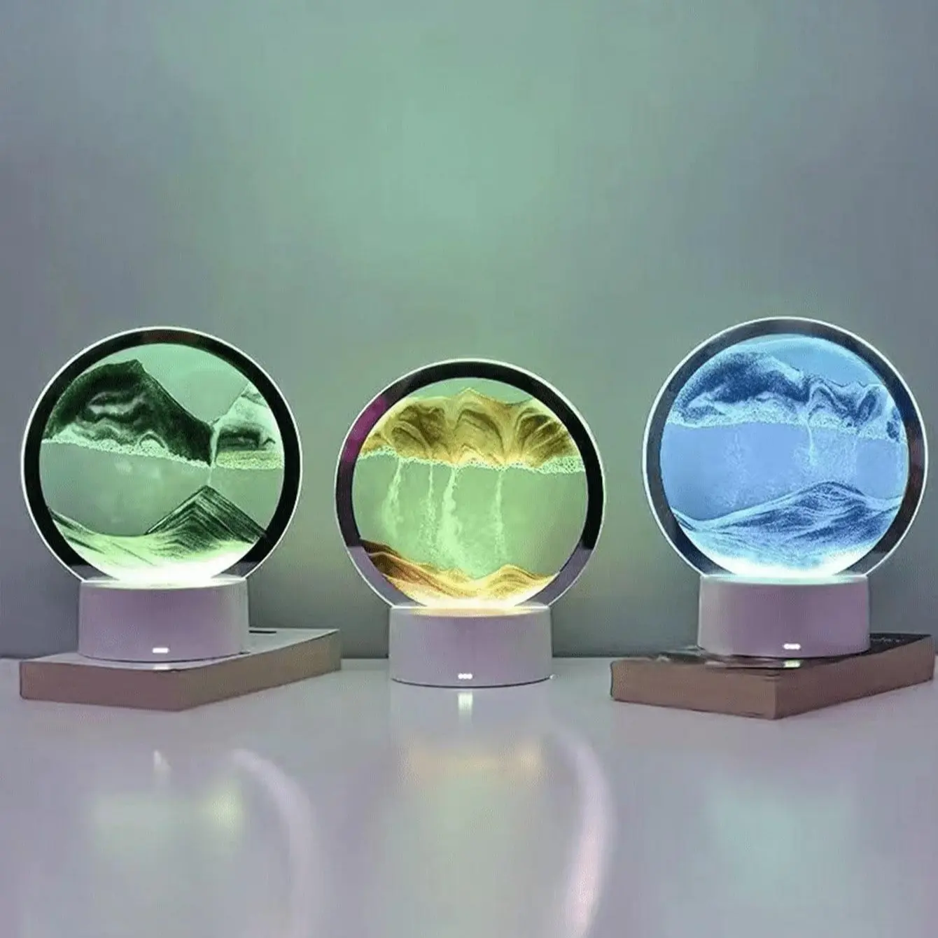 Round Glass Moving Sand Art Lamp - 3D Deep Sea Sandscape Hourglass Night Light with RGB Color Changing, Battery or USB Operated, Unique Birthday Gift for Home Decor, Room Accessories, Bedroom Decor